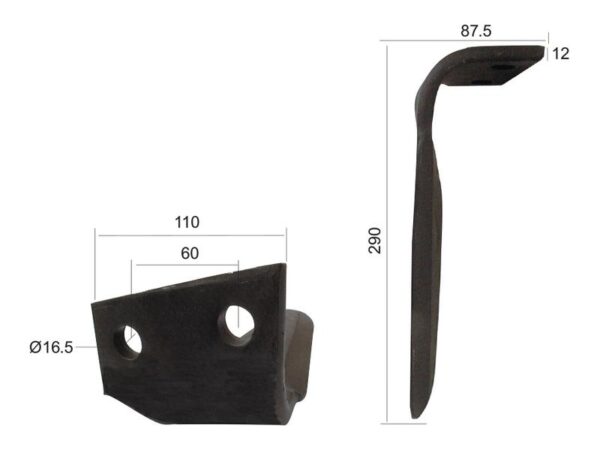 Rotorharvetand 110x12x290mm Venstre. Hulafstand: 60mm. Hul Ø 16.5mm. Passer tilFeraboli (SKH & MF).