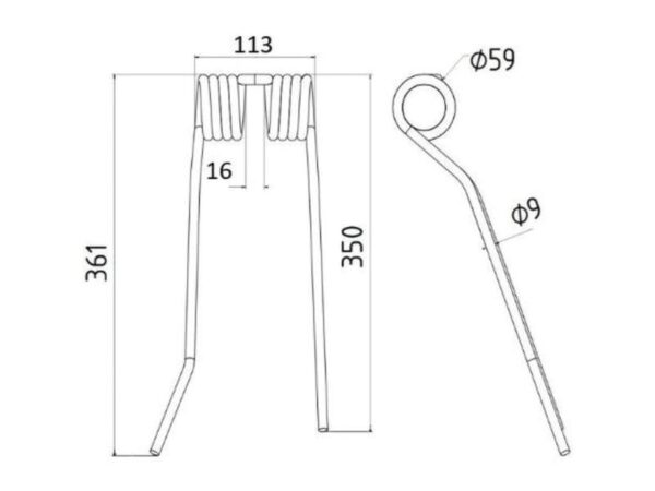 Rivefjeder - Højre - Længde:361mm, Bredde:113mm, Ø9mm - Passer til PZ, Fransgard, Pottinger, Sitrex Passer til: PZ106