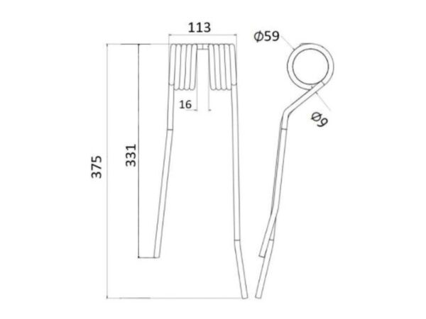 Rivefjeder - Højre - Længde:375mm, Bredde:113mm, Ø9mm - Passer til PZ Passer til: PZ225