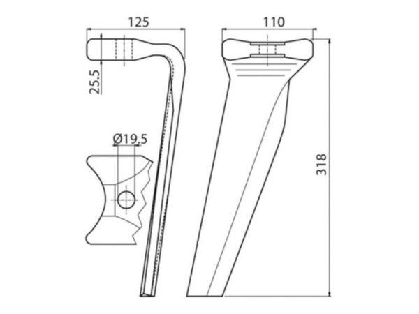 Rotorharvetand 110x25.5x318mm Højre. Hulafstand: Hul Ø 19.5mm. Passer tilKuhn. Passer til: 52596410