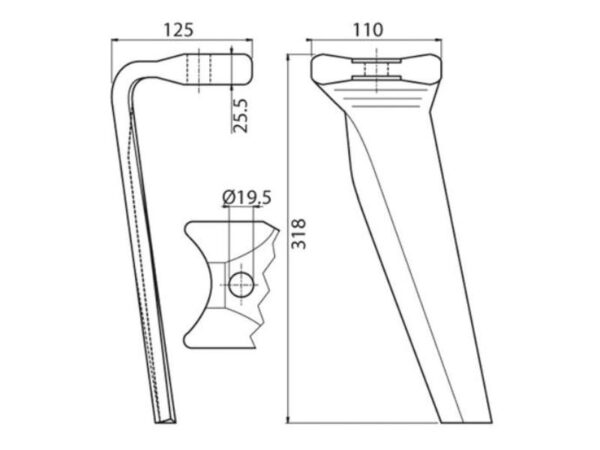 Rotorharvetand 110x25.5x318mm Venstre. Hulafstand: Hul Ø 19.5mm. Passer tilKuhn. Passer til: 52596510