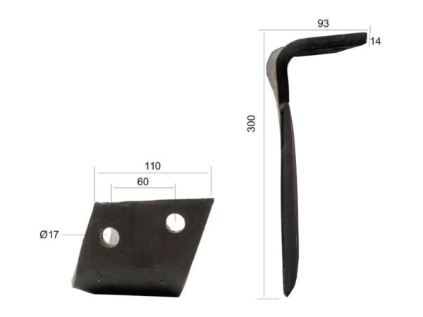 Rotorharvetand 110x14x300mm Venstre. Hulafstand: 60mm. Hul Ø 17mm. Passer tilAlpego. Passer til: DO06701S