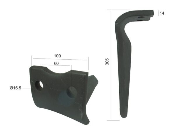 Rotorharvetand 100x14x305mm Venstre. Hulafstand: 60mm. Hul Ø 16.5mm. Passer tilPegoraro, Morra. Passer til: 7869