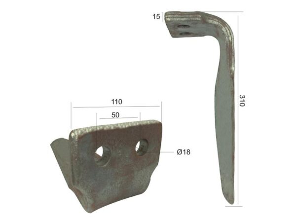 Rotorharvetand 110x15x310mm Højre. Hulafstand: 50mm. Hul Ø 18mm. Passer tilAgram. Passer til: 052701