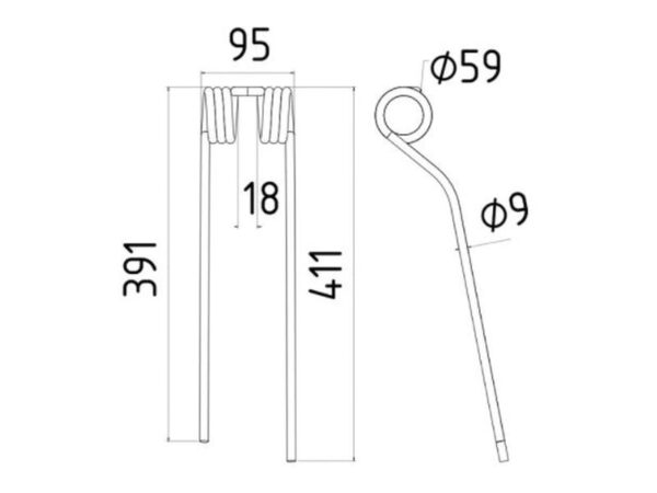 Rivefjeder - Højre - Længde:411mm, Bredde:95mm, Ø9mm - Passer til Claas, Bautz Passer til: 9024822