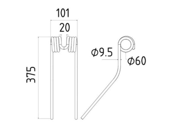 Rivefjeder - - - Længde:375mm, Bredde:101mm, Ø9.5mm - Passer til Claas, Bautz Passer til: 9023442