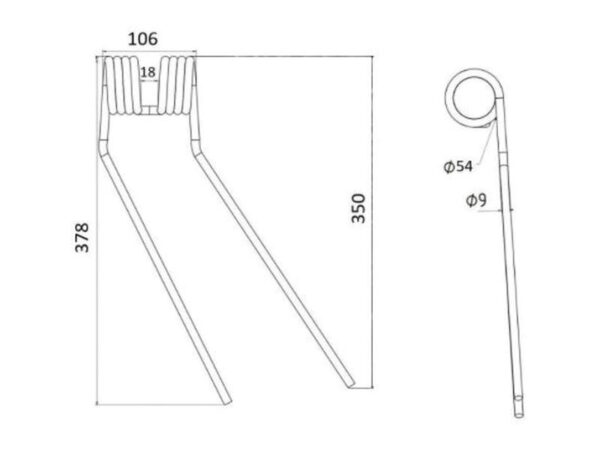 Rivefjeder - Højre - Længde:378mm, Bredde:106mm, Ø9mm - Passer til Fella Passer til: 487133
