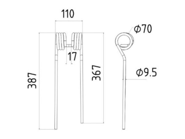 Rivefjeder - Højre - Længde:387mm, Bredde:110mm, Ø9.5mm - Passer til Kuhn, John Deere, New Holland Passer til: 58740700