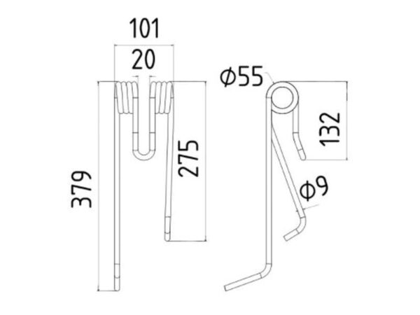 Rivefjeder - Højre - Længde:379mm, Bredde:101mm, Ø9mm - Passer til Lely Passer til: 4101701260