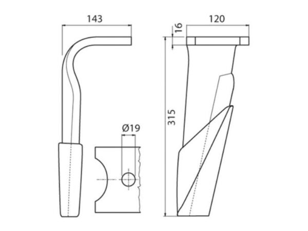 Rotorharvetand Forstærket (karbide) 120x16x315mm Højre. Hulafstand: Hul Ø 19mm. Passer til Kuhn. Passer til: 2500100C