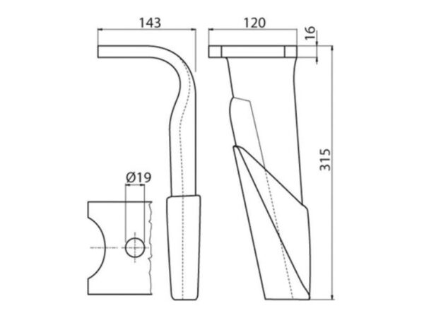 Rotorharvetand Forstærket (karbide) 120x16x315mm Venstre. Hulafstand: Hul Ø 19mm. Passer til Kuhn. Passer til: 2500090C