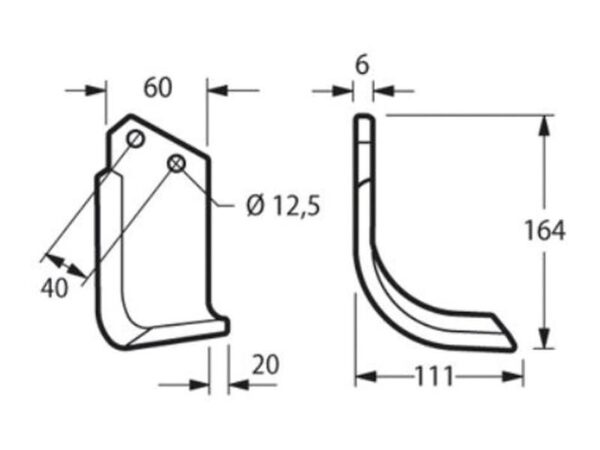 Kniv Buet Venstre 60x6mm Højde: 164mm. Hulafstand: 40mm. Hul Ø: 12.5mm. Passer til Celli Passer til: 531512