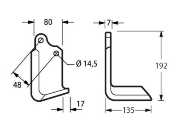 Kniv Buet Højre 80x7mm Højde: 192mm. Hulafstand: 48mm. Hul Ø: 14.5mm. Passer til Maschio