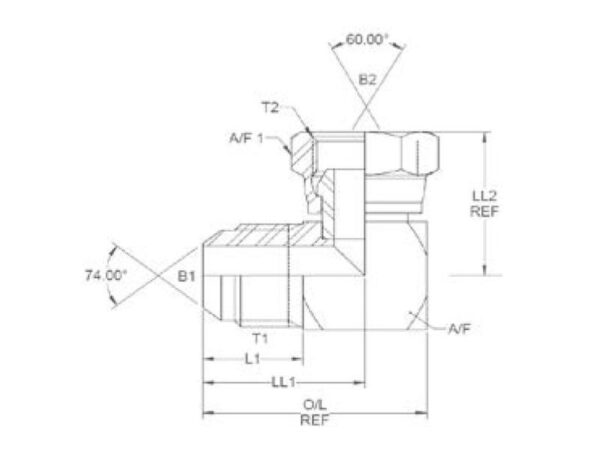 Hydraulikadapter 3/4'' JIC Han x 3/4'' JIC Drejelig hun 90° Kompakt udstødningsbøjning