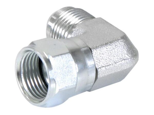 Hydraulikadapter 3/4'' JIC Han x 3/4'' JIC Drejelig hun 90° Kompakt udstødningsbøjning